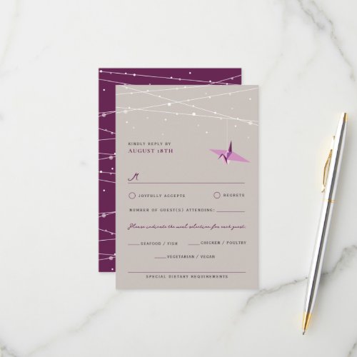 Purple Paper Cranes Fairy Lights Wedding RSVP