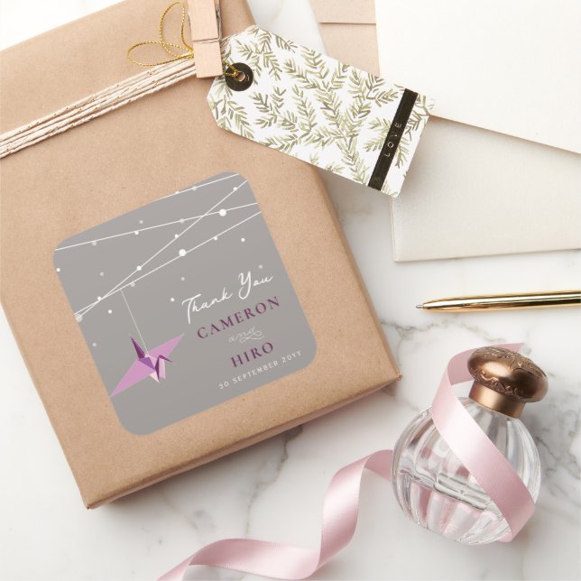Origami Purple Paper Crane Lights Asian Wedding Square Sticker (Gifting)