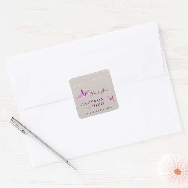 Origami Purple Paper Crane Lights Asian Wedding Square Sticker (Envelope)