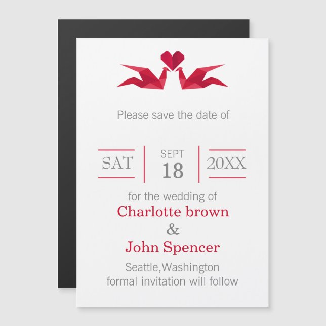 origami red cranes save the date magnetic invitation (Front/Back)