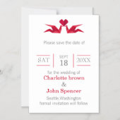 origami red cranes save the date magnetic invitation (Front)