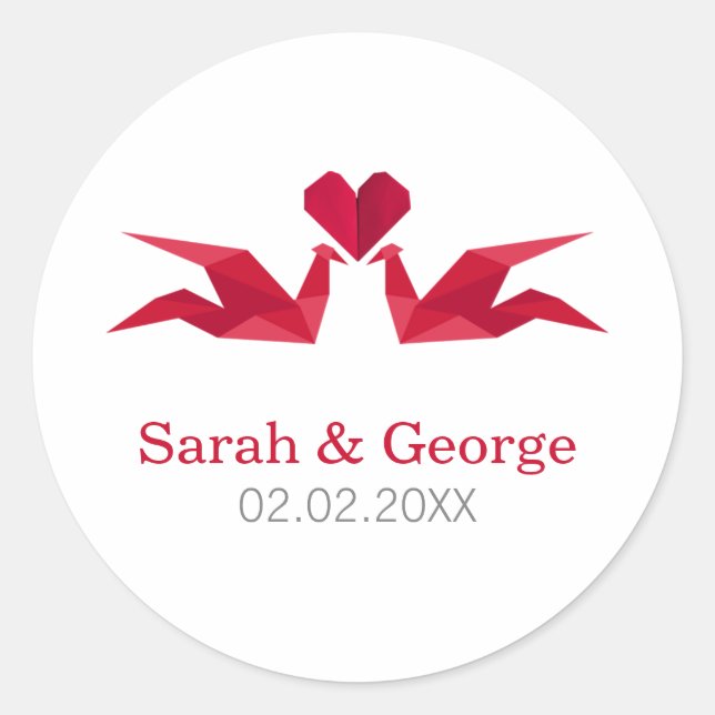 origami red cranes Wedding favors stickers (Front)