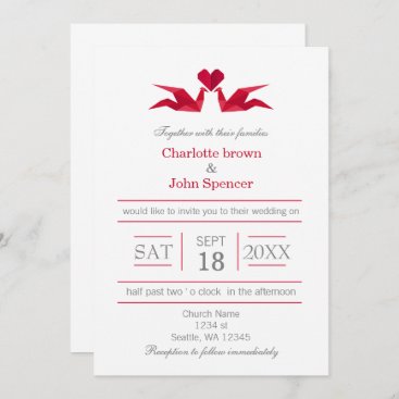 origami red cranes wedding invitations