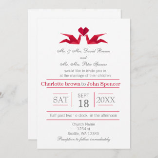 origami red cranes wedding invitations