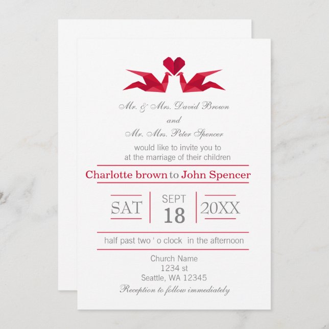origami red cranes wedding invitations (Front/Back)