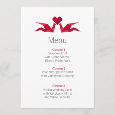 origami red cranes wedding menu cards