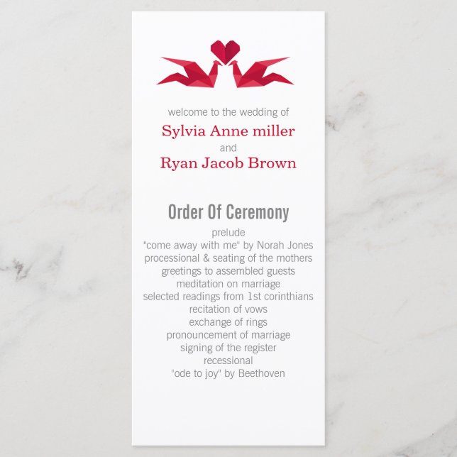 origami red cranes Wedding programs (Front)