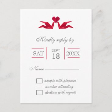 origami red cranes wedding rsvp invitation postcard