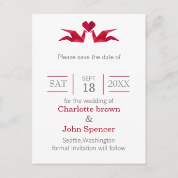 origami red cranes wedding save the dates announcement postcard