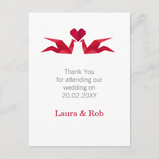 origami red cranes Wedding Thank You Postcard
