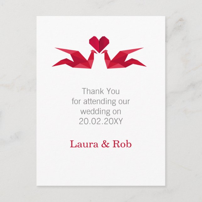 origami red cranes Wedding Thank You Postcard (Front)