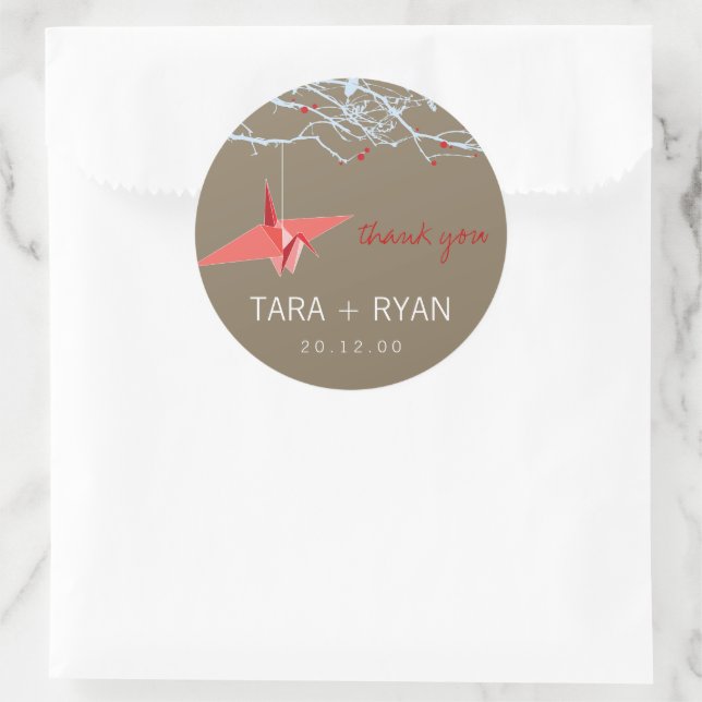Origami Red Paper Crane On Branches Asian Wedding Classic Round Sticker (Bag)