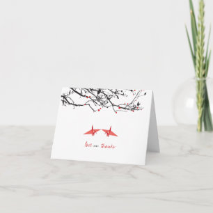 Origami Red Paper Cranes & Branches Photo Wedding Letterpress Thank You Card