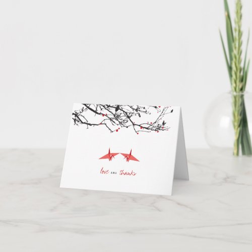 Origami Red Paper Cranes  Branches Photo Wedding Thank You Card