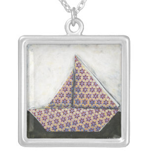 Origami Sailboat on Star Design Paper Silver Plated Necklace