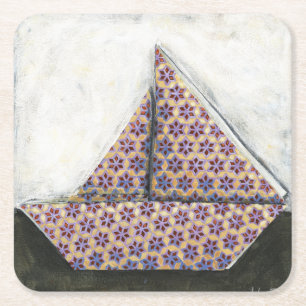 Origami Sailboat on Star Design Paper Square Paper Coaster
