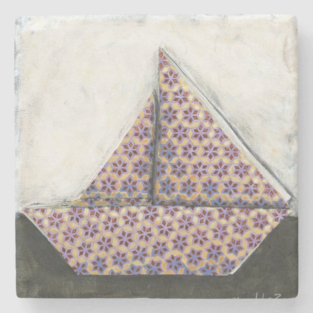 Origami Sailboat on Star Design Paper Stone Coaster (Front)