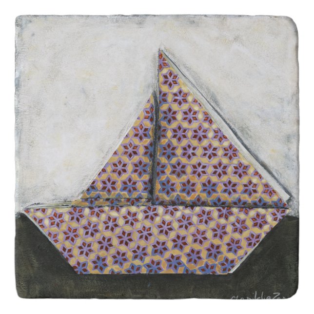 Origami Sailboat on Star Design Paper Trivet (Front)