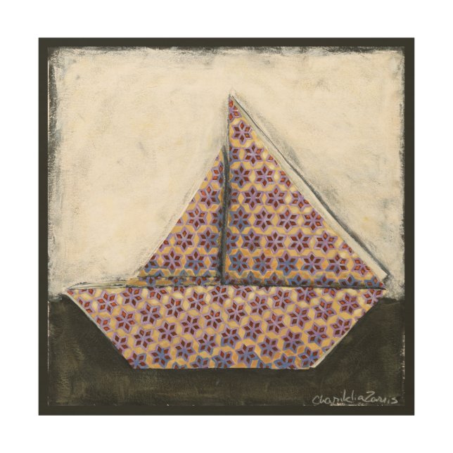 Origami Sailboat on Star Design Paper Wood Wall Decor (Front)