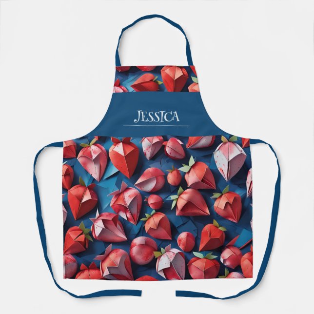 Origami Strawberry Watercolor Pattern Personalized Apron (Front)