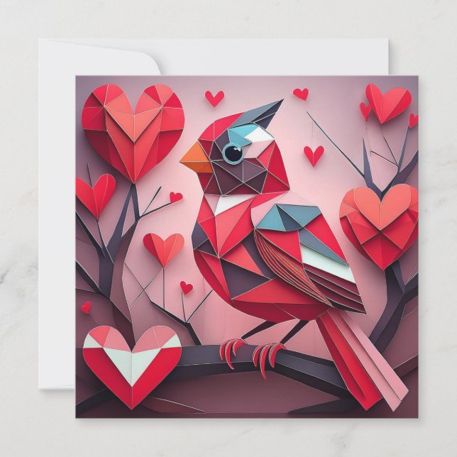 Origami Style Cardinal with Hearts Valentine Holiday Card (Front)