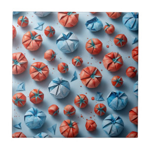 Origami Tomatoes Pattern Red Blue Ceramic Tile