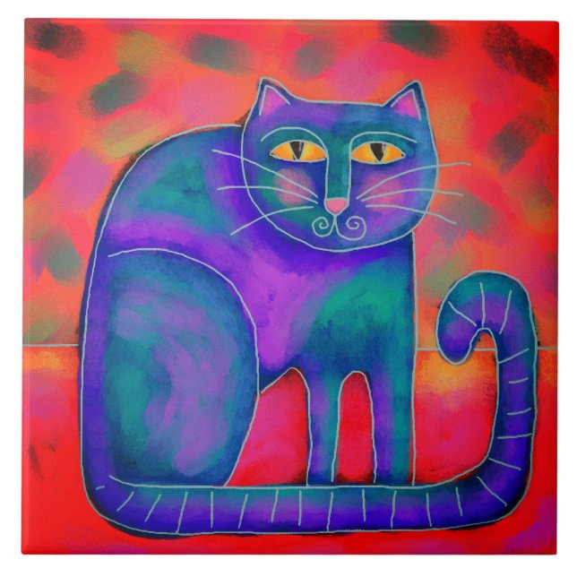 Original Abstract Digital Cat Painting Ceramic Tile (Front)