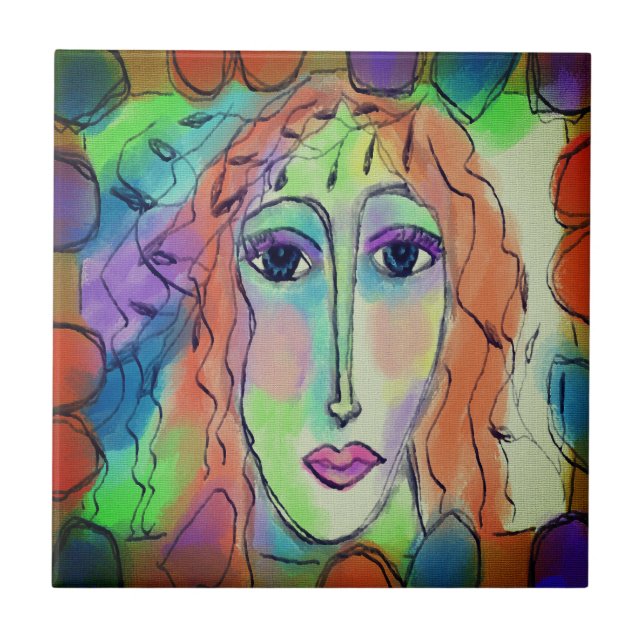 Original Abstract Digital Portrait of a Woman Ceramic Tile (Front)