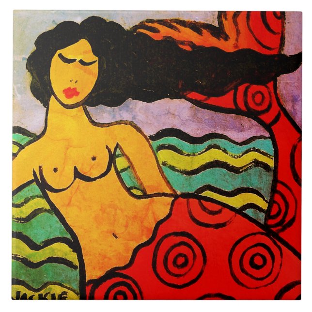 Original Abstract Mermaid Painting Ceramic Tile (Front)