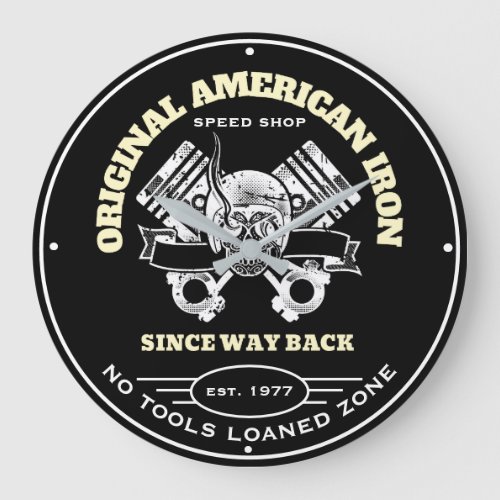 Original American Iron Speed Shop Skull and Piston Large Clock