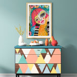 Original Art Colorful Abstract Whimsical Pink Girl Poster<br><div class="desc">This colorful mixed media original art piece features a quirky,  whimsical girl with bright pink hair on a colorful abstract background of dusty blue and tangerine orange with pink,  yellow,  and green half circle shapes and black and white stripes and an assortment of doodles.</div>