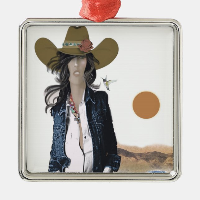 Original Art Cowgirl Ornament, Lanky Texas Cowgirl Metal Ornament (Front)