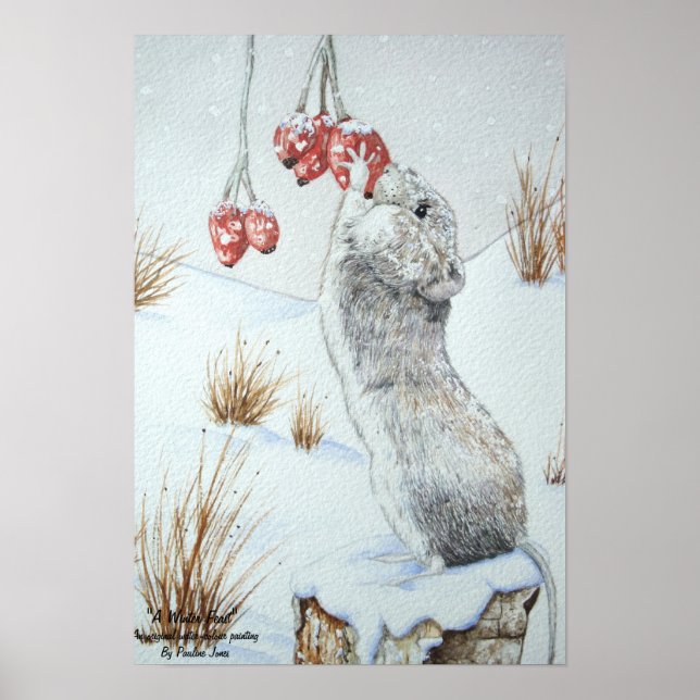 original art cute field mouse snow scene wildlife poster (Front)