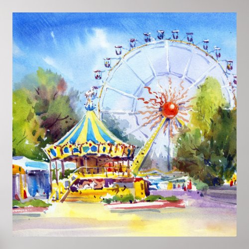 Original Art of Amusement park carousel attraction Poster