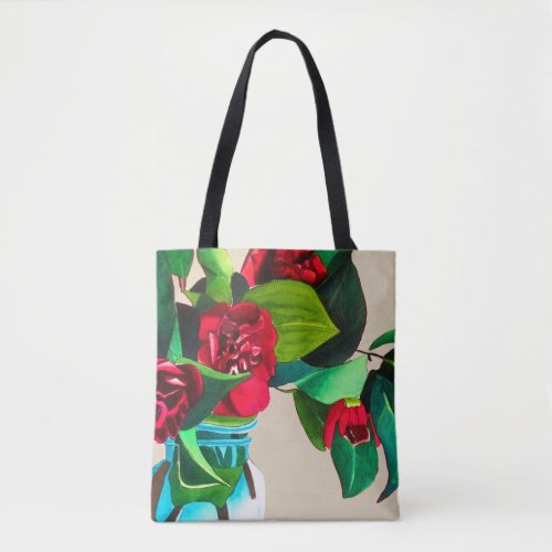 Original art red camellia flowers watercolor tote bag