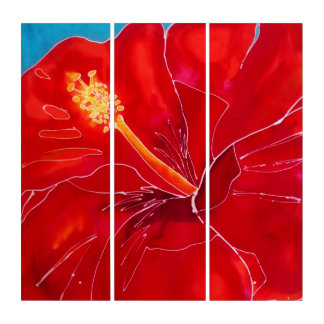 Original Art Red Hibiscus Triptych Macro flower