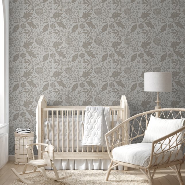 Original Arts and Crafts Botanical Gray floral Wallpaper (Kids)