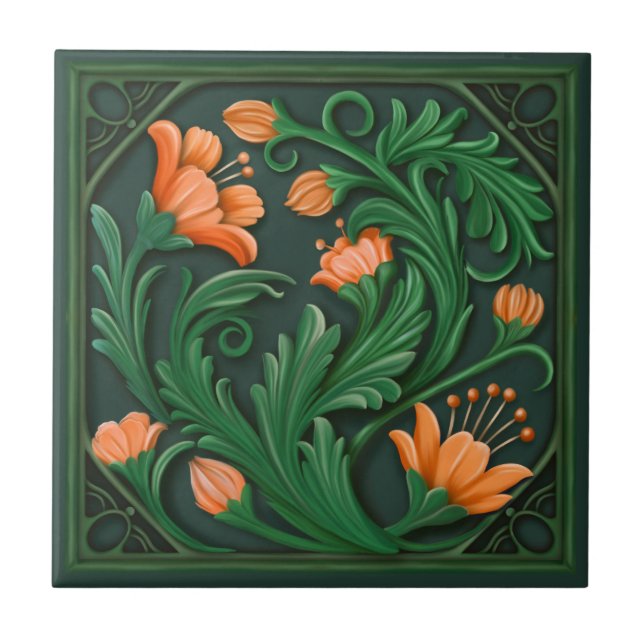 Original Artwork Green and Orange Flowers  Ceramic Tile (Front)