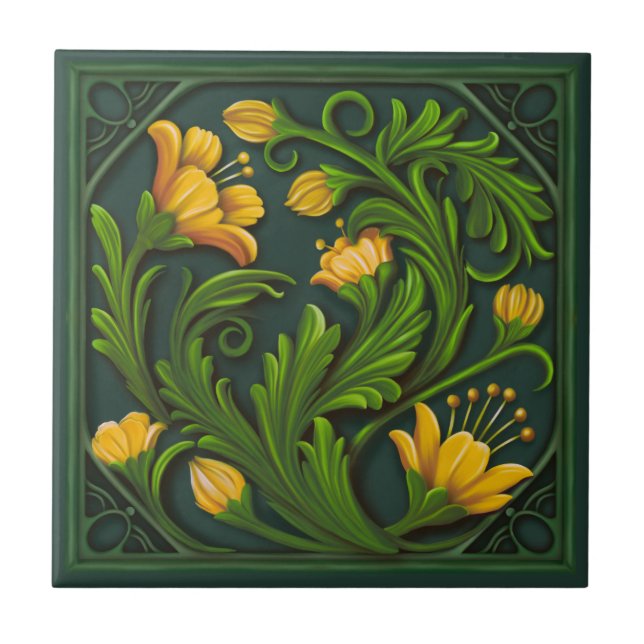 Original Artwork Green and Yellow Flowers  Ceramic Tile (Front)