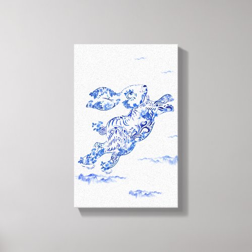 Original Blue White Painting Chinese Rabbit Year  Canvas Print