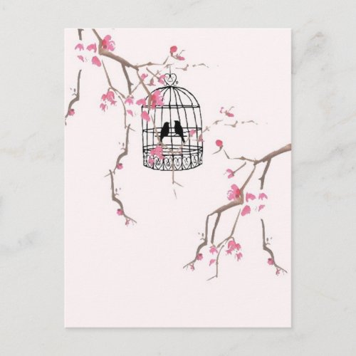 Original cherry blossom birdcage artwork postcard