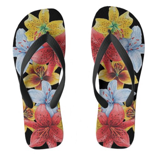 original colorful lily flower pattern floral art flip flops