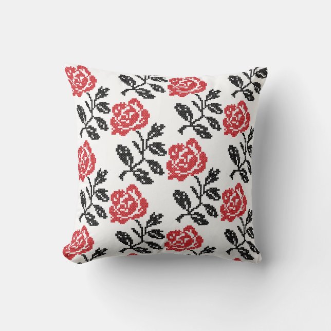 Original cross-stitch flower design | Red rose Throw Pillow (Front)