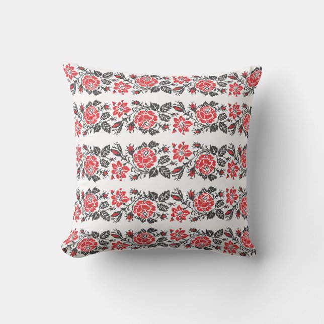 Original cross-stitch red rose flowers pattern throw pillow (Front)