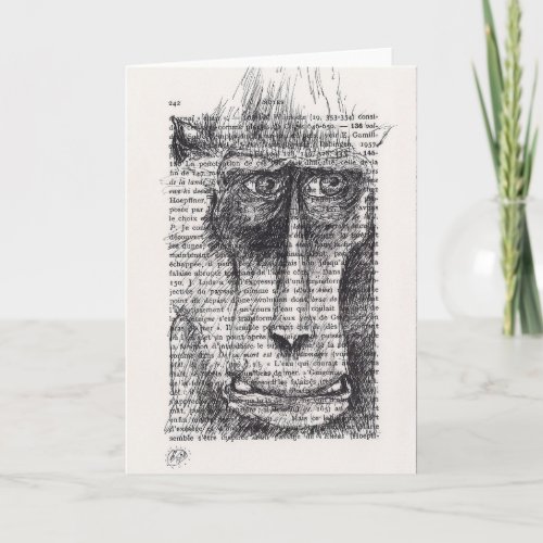 Original Drawing of Monkey on Vintage book Holiday Card