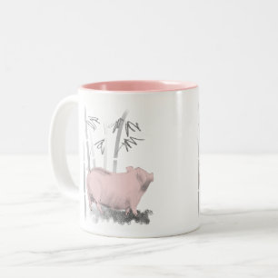 Original Drawing Pig and Bamboos 2-tone Mug