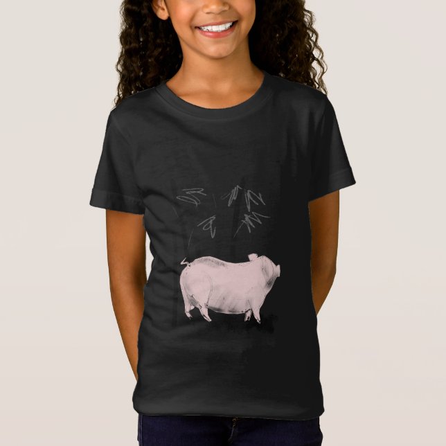 Original Drawing Pig and Bamboos Girl Shirt (Front)