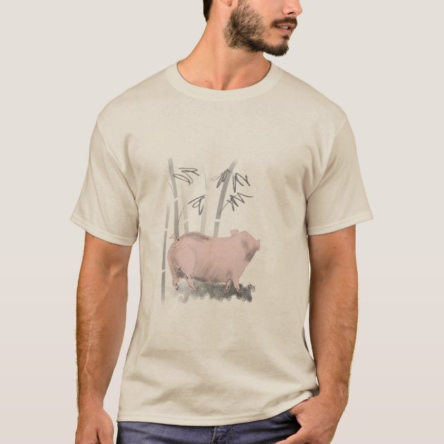 Original Drawing Pig and Bamboos manT-shirt T-Shirt (Front)