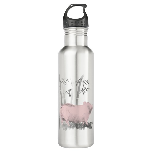 Original Drawing Pig and Bamboos Stainless Steel Water Bottle (Front)