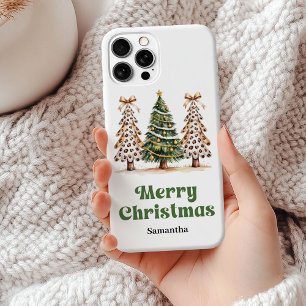 Original Earthy Christmas trees green gold leopard iPhone 15 Plus Case
